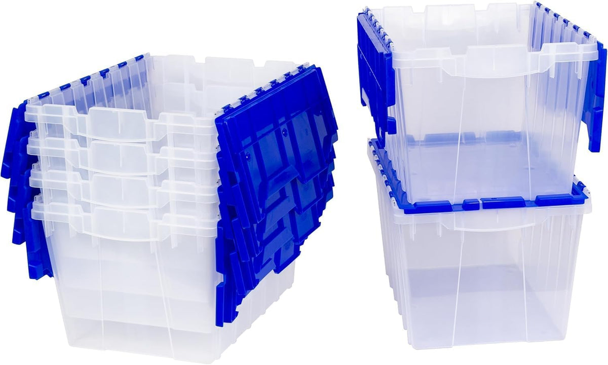 Akro-Mils KeepBox 12 Gallon Storage Container, Nesting and Stackable Plastic Storage Box with Lid Attached, Clear Tote for Garages, Closets, and Moving, 21-1/2 x 15 x 12-1/2, Clear/Blue, 6-Pack