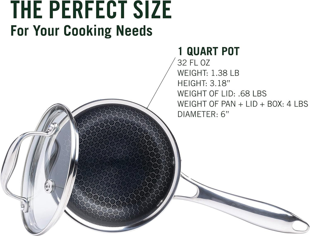HexClad 1 Quart Hybrid Pot with Glass Lid - Non Stick Saucepan, Easy to Clean, Dishwasher & Oven Safe - Perfect for Making Sauces, Reheating Soups, Stocks, Cooking Grains