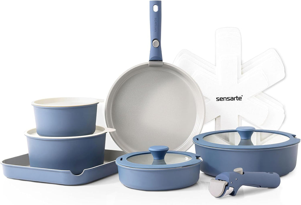 SENSARTE 17 Piece Ceramic Pots and Pans Set, Nonstick Detachable Handle Cookware, Induction Kitchen Cookware Set with Removable Handle, Dishwasher ?? Oven Safe (Gray)