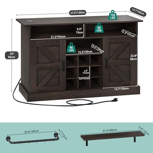 YITAHOME Buffet Cabinet, 47 Farmhouse Coffee Bar with Power Outlet, Floating Shelves, Multi-Functional Storage Sideboard Cabinet for Kitchen and Living Room (Rustic Brown)