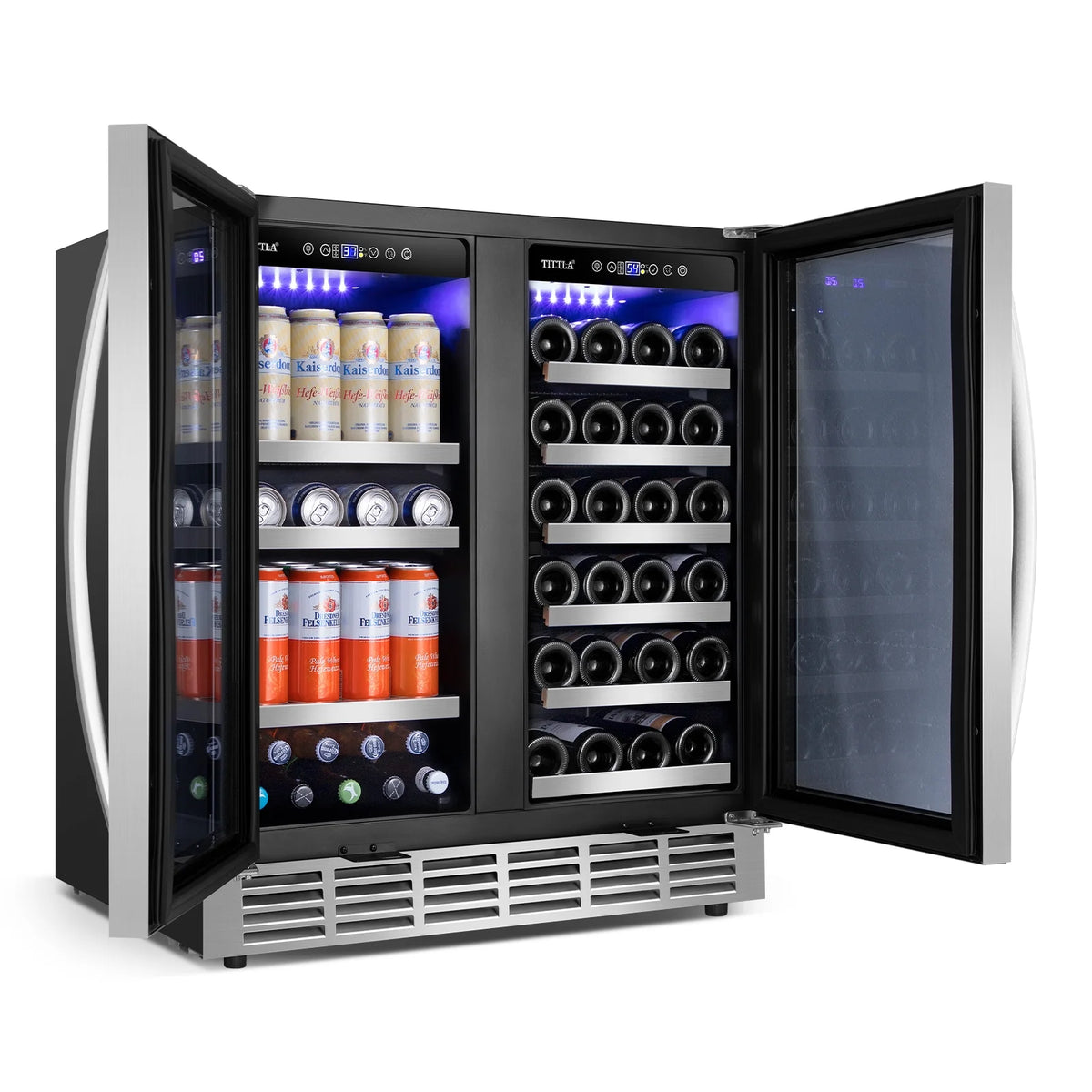 Tittla 30 Inch Wine Fridge, Dual Zone Wine and Beverage Refrigerator with 33 Bottle and 80 Can Wine Cooler Under Counter Freestanding