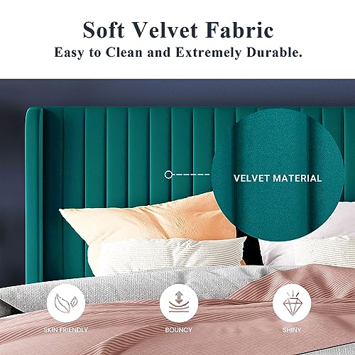 Allewie Queen Size Velvet Bed Frame/Vertical Channel Tufted Wingback Headboard/Upholstered Platform Bed/Strong Wooden Slats/No Box Spring Needed/Easy Assembly/Black