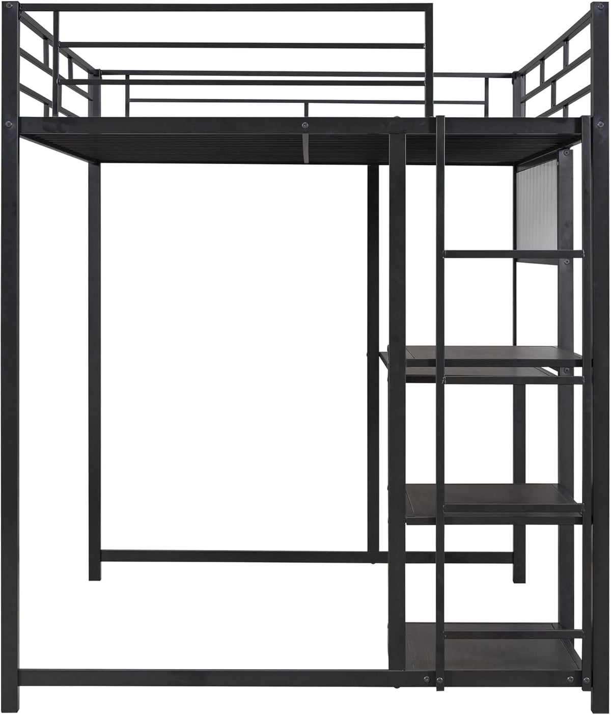 Full Size Metal Loft Bed with Desk, Whiteboard and 3-layer Shelves, Heavy Duty Loftbed w/Storage and Built-in Ladder, for Kids Teens Bedroom Dorm, Black
