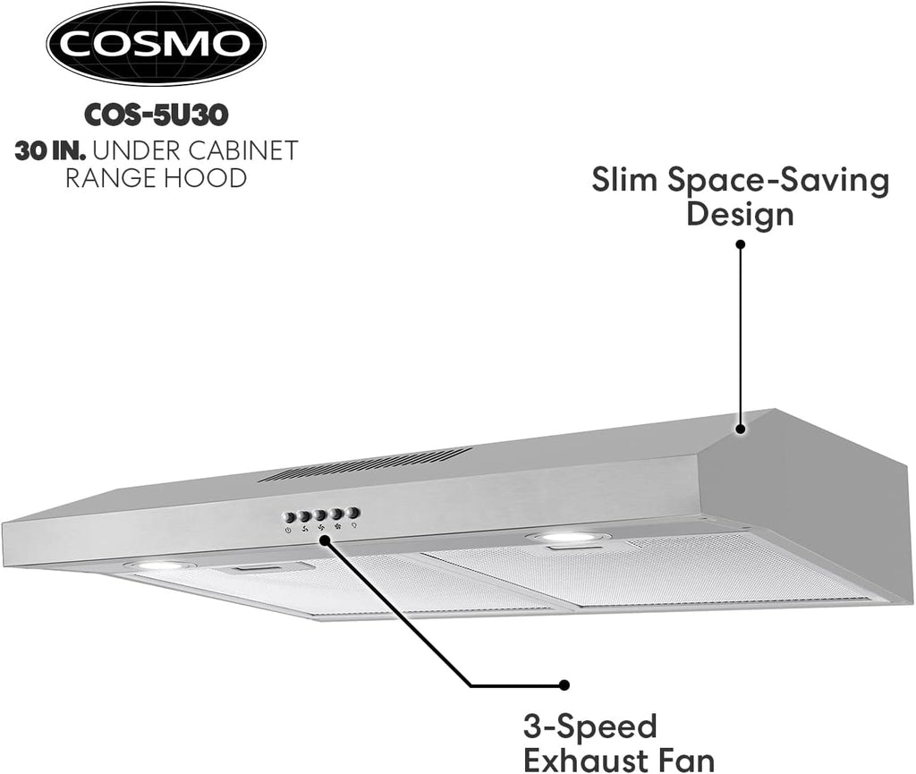 Cosmo 5U30 30 in. Under Cabinet Range Hood with Ducted / Ductless Convertible Slim Kitchen Over Stove Vent, 3 Speed Exhaust Fan, Reusable Filter, LED Lights in Stainless Steel
