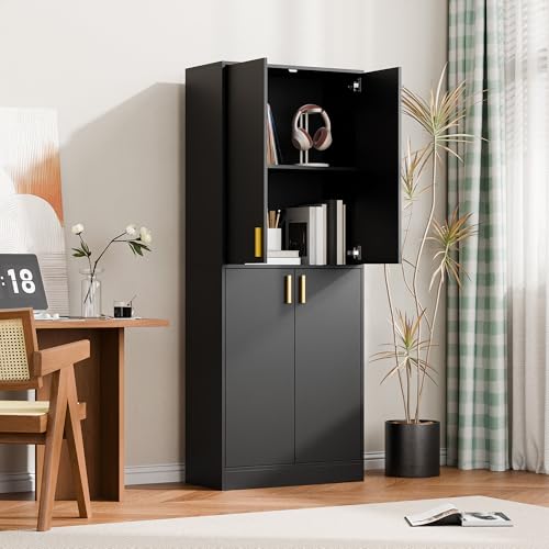 Cozy Castle Kitchen Pantry Cabinet, 71 Tall Wood Storage Cabinet with Doors and Shelves 4 Doors Freestanding Cupboard Utility Hutch for Dining Room Living Room Bathroom Furniture, Gray