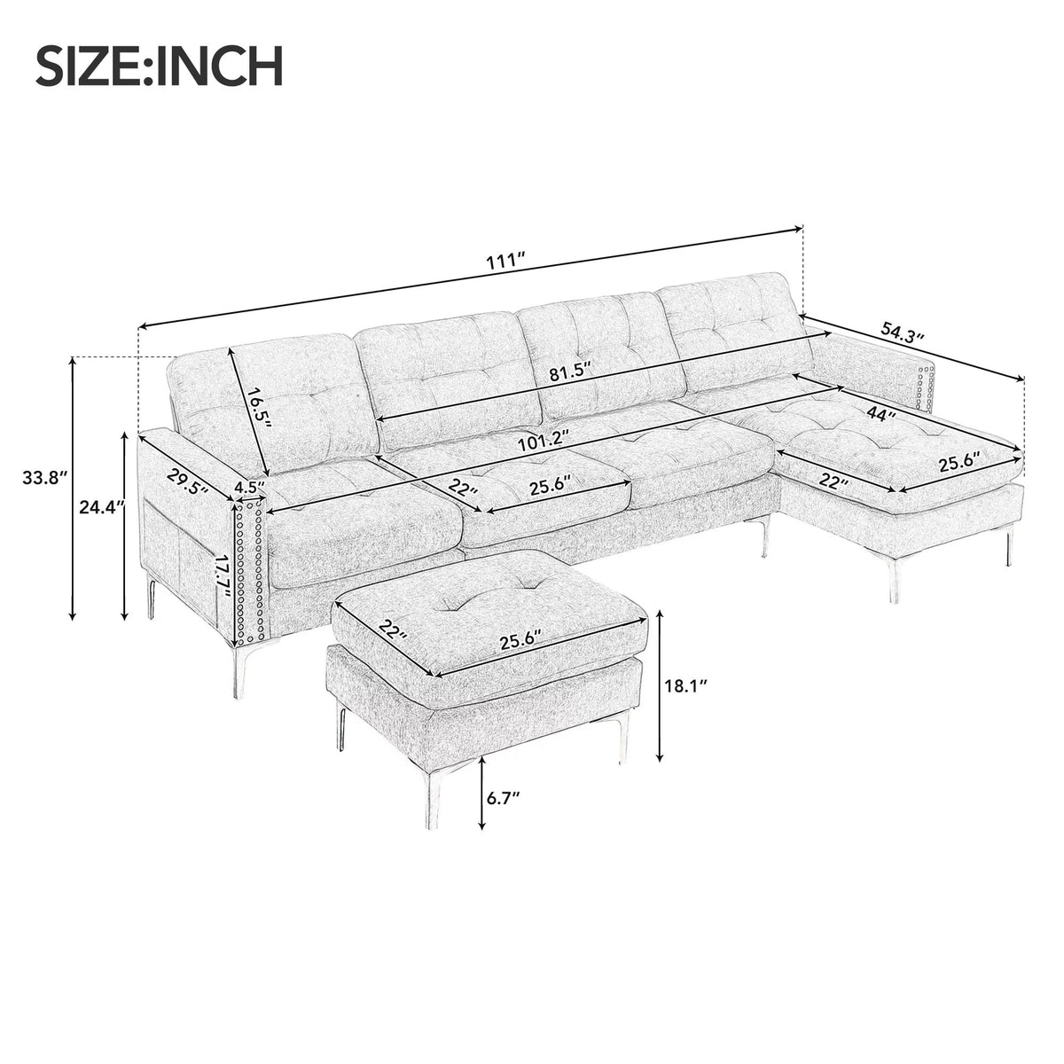 Soges U-Shaped Sectional Sofa with Ottoman, Convertible Couch for Living Room, 5 Seater Sofa, Gray, 110x54
