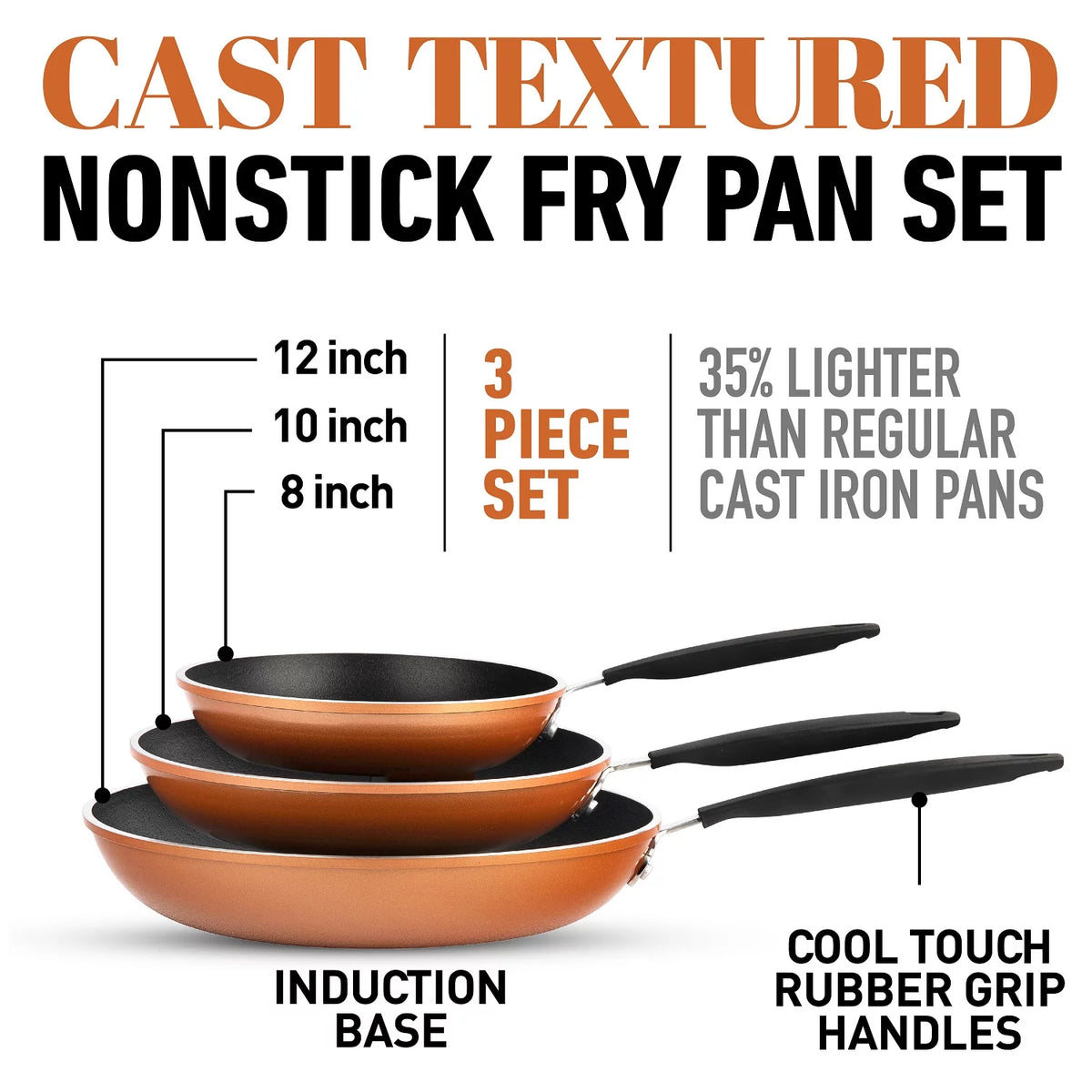 Gotham Steel Diamond 3-Piece Copper Cast Frying Pan Set, Nonstick Cookware