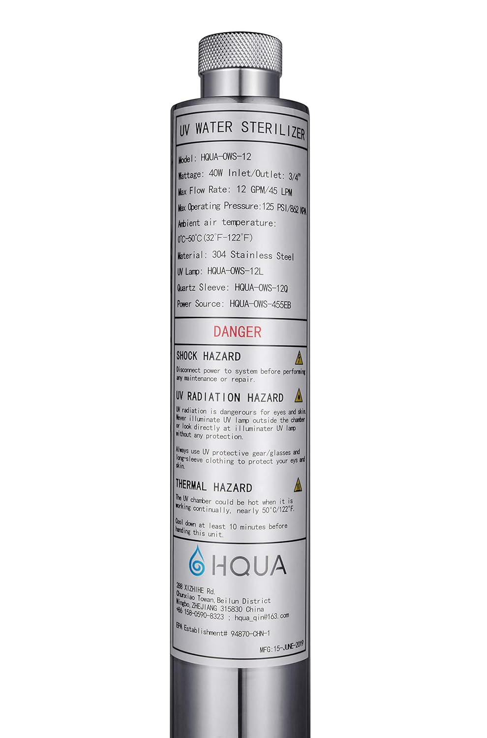 HQUA-OWS-12 Ultraviolet Water Purifier Sterilizer Filter for Whole House 12GPM 110V 40W Model HQUA-UV-12GPM + 1 Extra UV Tube