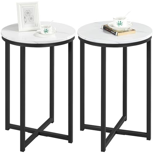 Yaheetech Faux Marble Side Table, 16in End Table Modern Accent Sofa Table w/X-Based, Round Tabletop, Sturdy Metal Legs for Living Room, Black