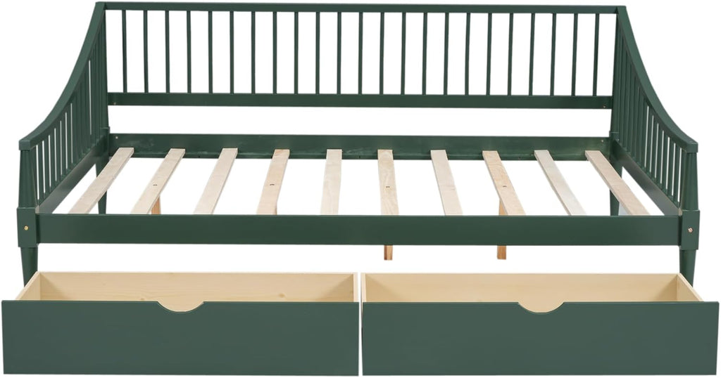 Full Size Wooden Daybed with 2 Storage Drawers and Wood Support Legs, Multi-Functional Full Day Bed wtih Rails on 3 Sides for Bedroom, Living Room and Guestroom, Green