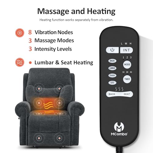 MCombo Triple Motor Power Lift Recliner Chair with Massage and Lumbar&seat Heating, Rolled Arms, Adjustable Headrest for Elderly People, Fabric 7888 (Coffee, Medium)