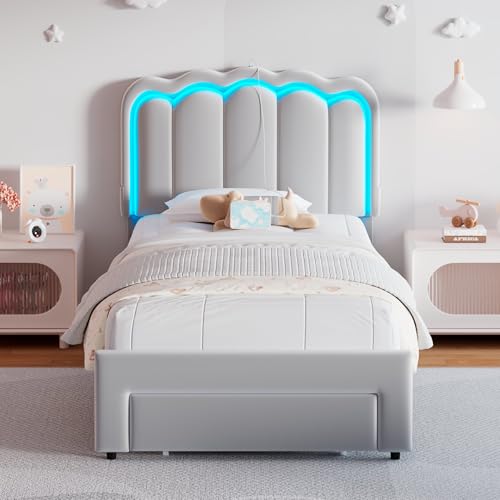 Twin Upholstered LED Bed Frame with Storage Drawer and Adjustable Chic Double Wavy Headboard, Velvet Princess Platform Bed for Kids/Girls, Solid Wood Slats Support, No Box Spring Needed, Beige