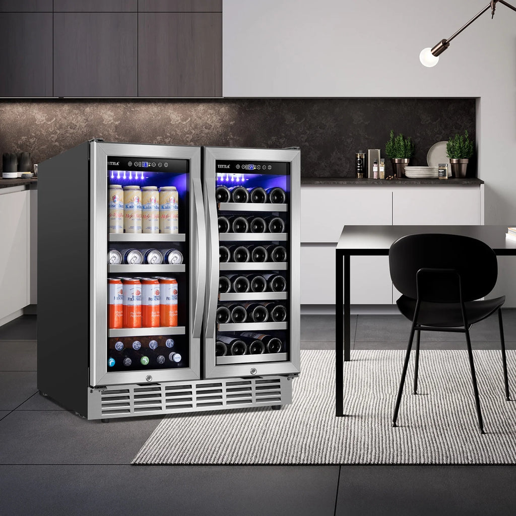 Tittla 30 Inch Wine Fridge, Dual Zone Wine and Beverage Refrigerator with 33 Bottle and 80 Can Wine Cooler Under Counter Freestanding