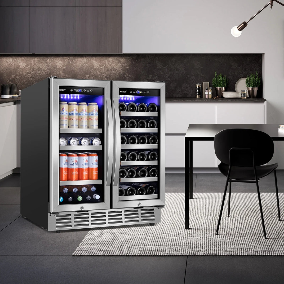 Tittla 30 Inch Wine Fridge, Dual Zone Wine and Beverage Refrigerator with 33 Bottle and 80 Can Wine Cooler Under Counter Freestanding
