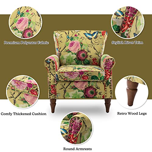 HULALA HOME Modern Wingback Accent Chair with Wood Legs & Removable Cushion, Comfy Upholstered Armchair with Nailhead Trim, Floral Pattern Single Sofa Chair for Living Room Bedroom, Blue