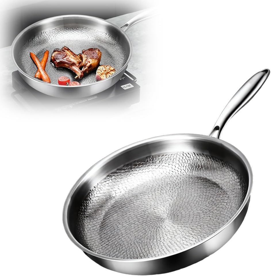 Titanium Hammered Pan Pro with Lid, 2025 New Multifunctional Ultra-Durable Scratch-Resistant Non Stick, 12 Pure Titaniums Pro Pans for Cook, Titanium Frying Pan for All Stovetops (11.81in, With Lid)