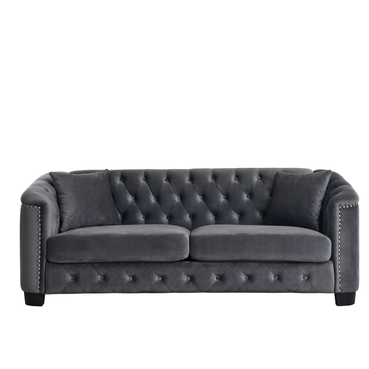 77-Inch Modern Chesterfield Velvet Sofa, 3-Seater Sofa, Upholstered Tufted Backrests with Nailhead Arms and 2 Cushions for Living Room, Bedroom, Apartment, Office (Grey)