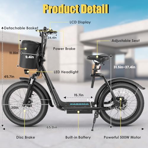 Caroma Peak 800w Electric Scooter Adults 20X3 Fat Tire, 20 MPH Top Speed & 30 Miles Range, Off-Road E Scooter w/Adjustable Seat & Detachable Basket, Foldable Ebike w/Shock Absorption for Commuting