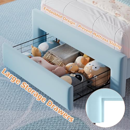 Twin Upholstered LED Bed Frame with Storage Drawer and Adjustable Chic Double Wavy Headboard, Velvet Princess Platform Bed for Kids/Girls, Solid Wood Slats Support, No Box Spring Needed, Beige