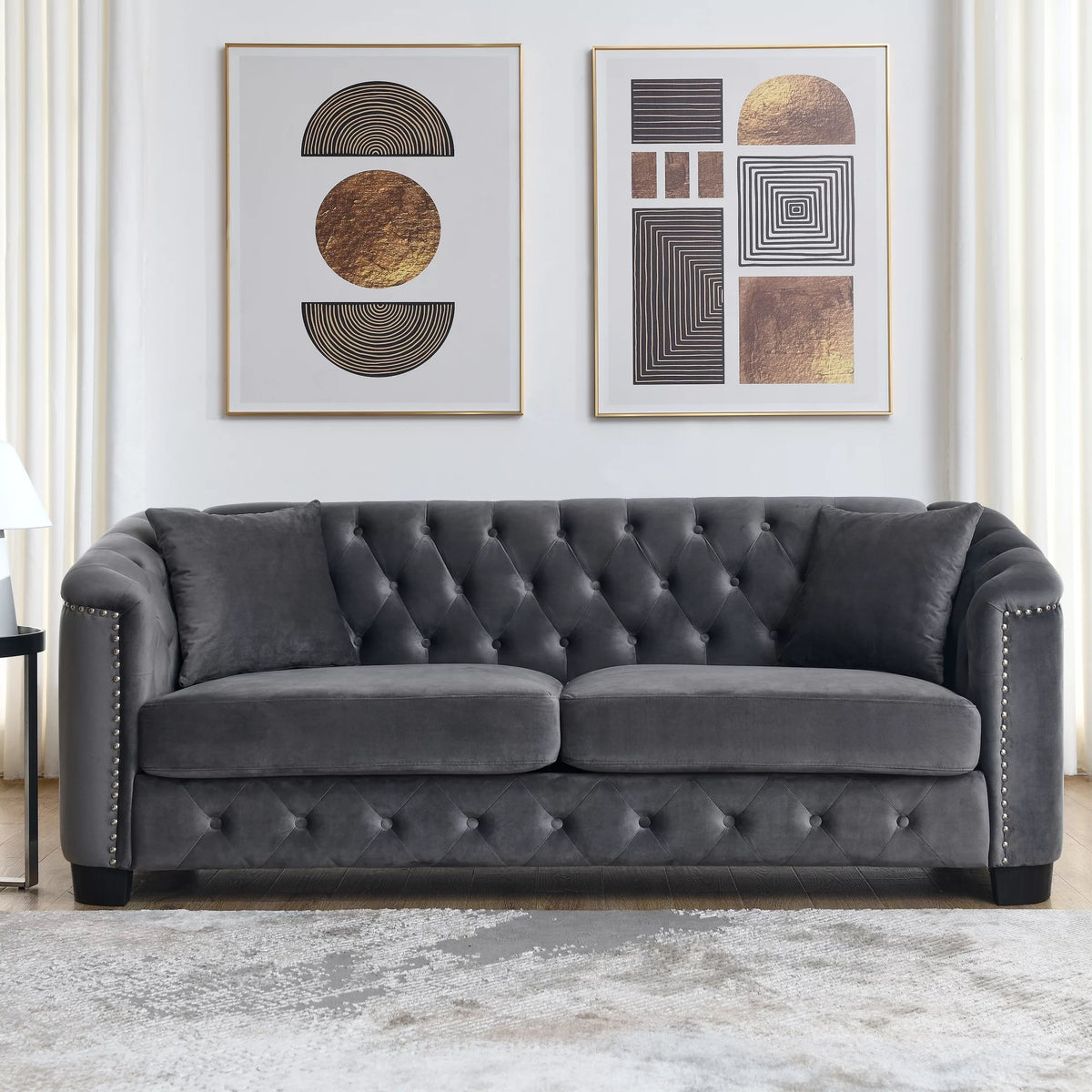 77-Inch Modern Chesterfield Velvet Sofa, 3-Seater Sofa, Upholstered Tufted Backrests with Nailhead Arms and 2 Cushions for Living Room, Bedroom, Apartment, Office (Grey)