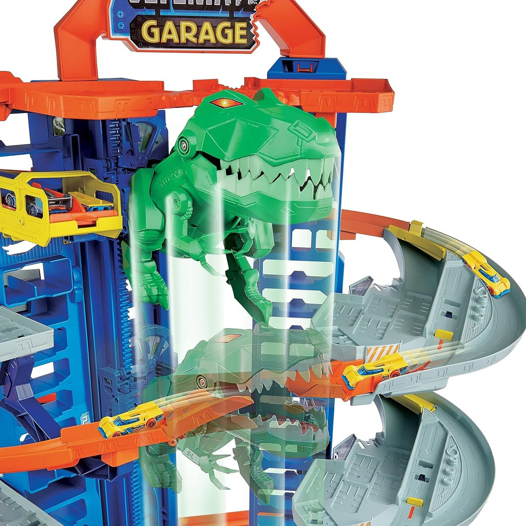 Hot Wheels City Robo T-Rex Ultimate Garage, Multi-level Multi-Play Mode, Stores 100 Plus 1:64 Scale Cars, Gift Idea for Kids 3 and Older